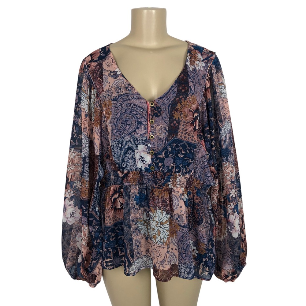 Maurices Patchwork Floral Paisley Print Boho Peasant Top Blouse XL Artsy Fairy
